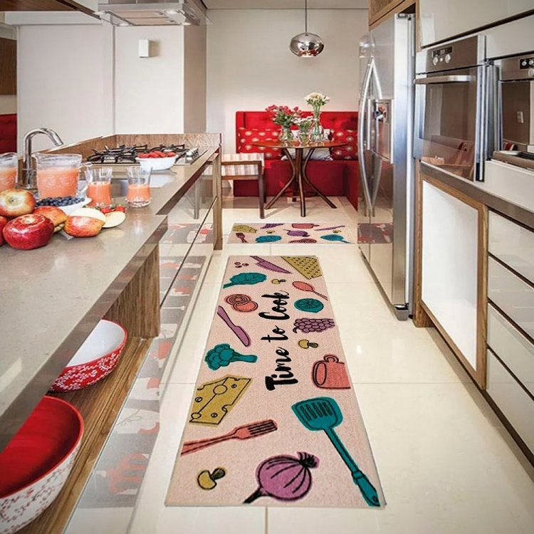 A imagem mostra um exemplo do uso do tapete para cozinha.